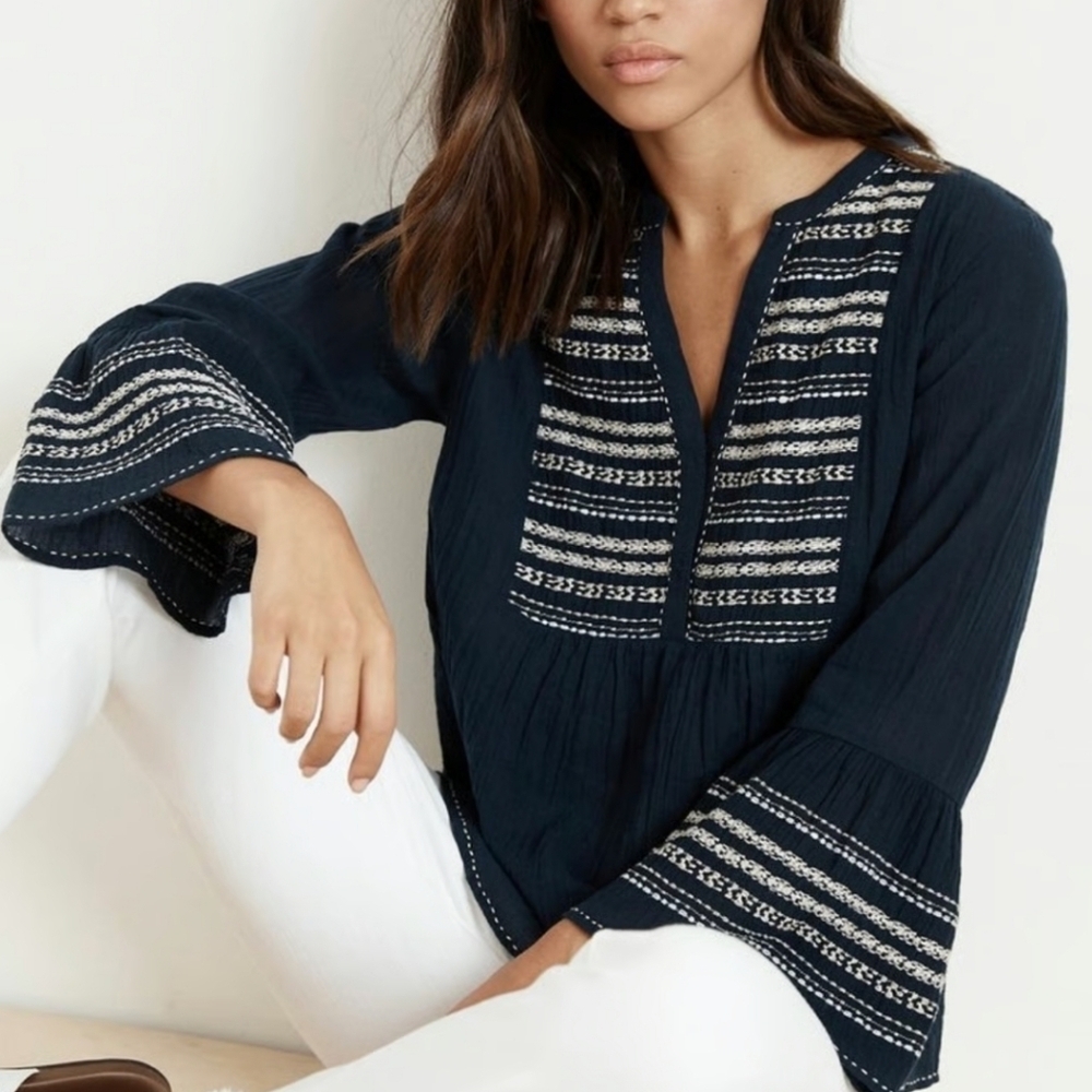 Velvet Midnight Blue Embroidered Blouse